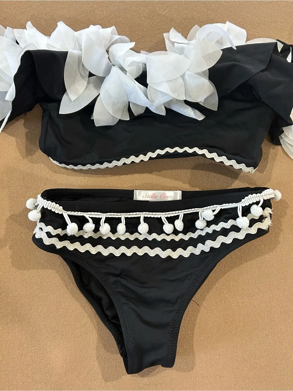 Stella Cove Black Bikini with White Leaf Appliqué and Pom-Pom Trim